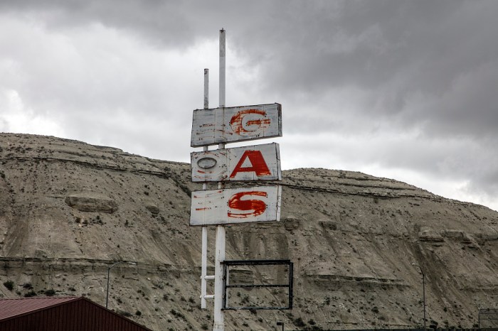 Forlorn sign for a long-closed gas station in Green River, Wyoming.